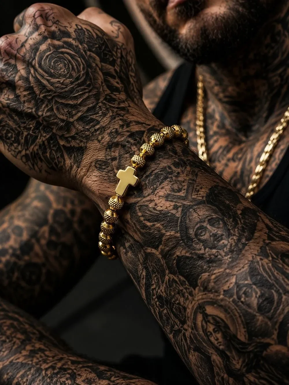 Gold Beaded Cross Bracelet